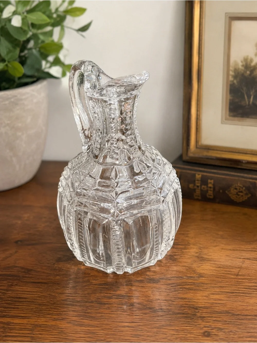 Antique EAPG Pressed Glass Pitcher Clear Heavy Cut Diamond Panel Pattern